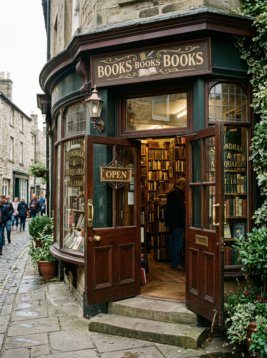 Entrance of a vintage secondhand and antiquarian bookstore with open doors and bookshelves visible inside